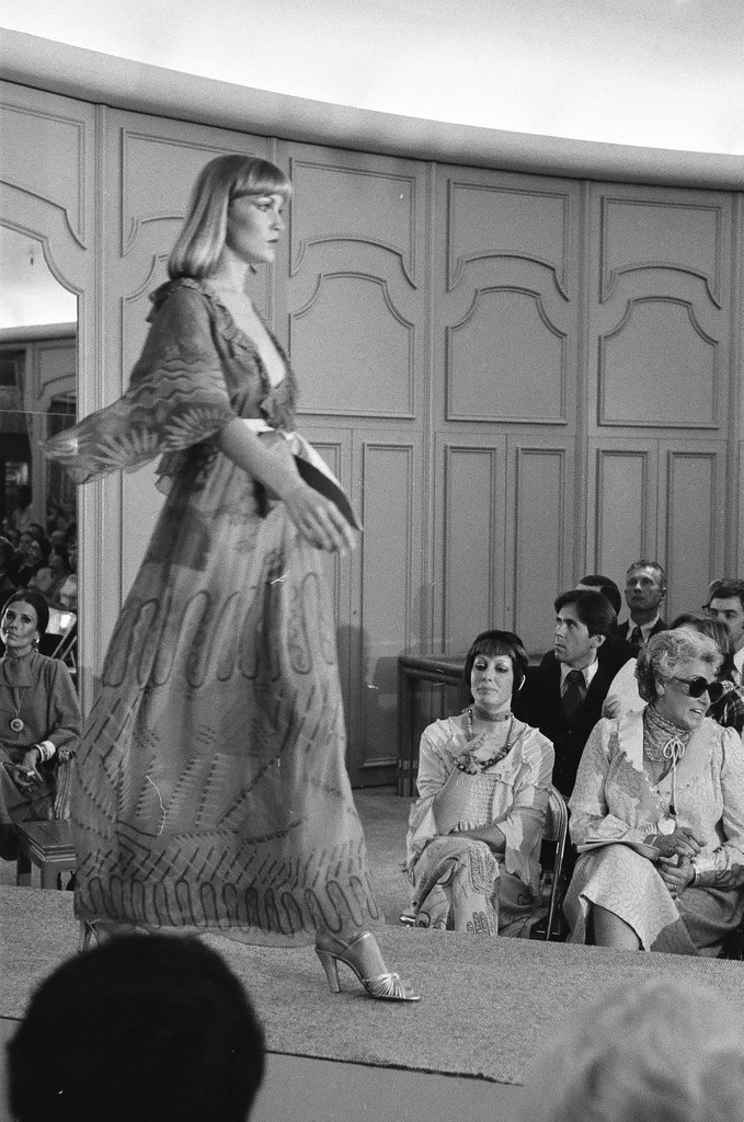 Zandra Rhodes in Fields fashion show - Peters (Clarence or Pete) for Chicago Sun-Times