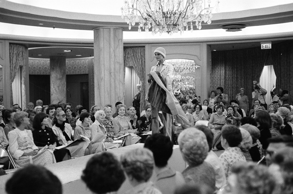 Zandra Rhodes in Fields fashion show - Peters (Clarence or Pete) for Chicago Sun-Times