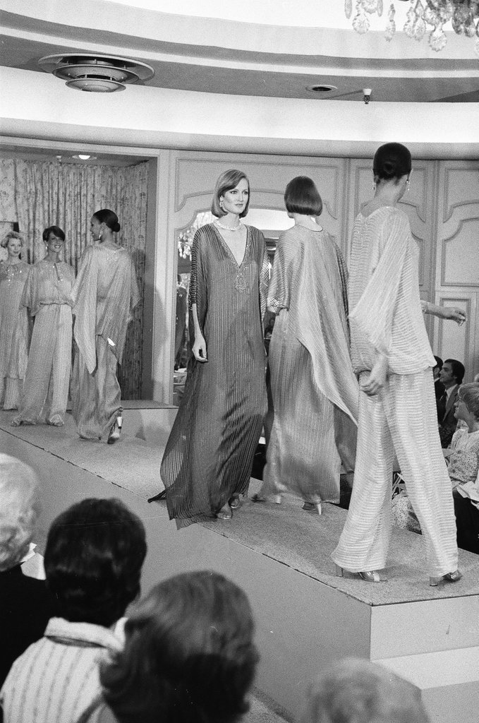 Zandra Rhodes in Fields fashion show - Peters (Clarence or Pete) for Chicago Sun-Times