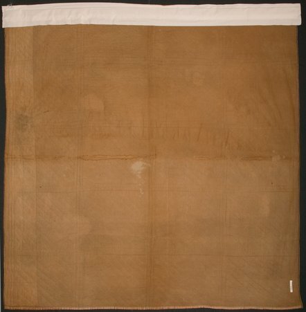 Quilt made of Ulysses Simpson Grant Campaign handkerchiefs in orange and lavender joined with patriotic calico.  Back - Unknown