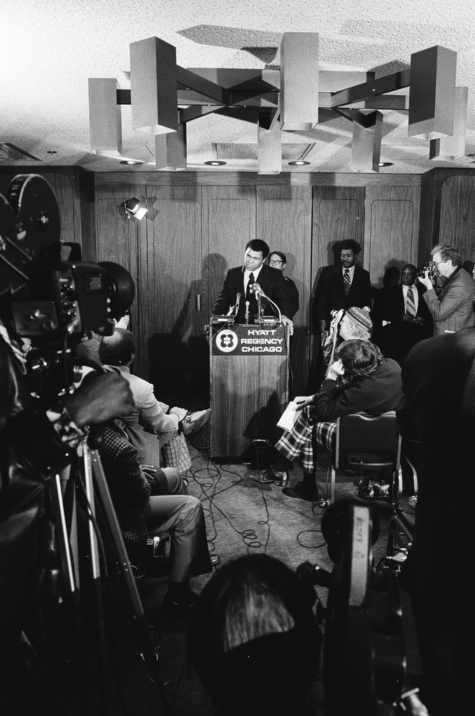 Muhammad Ali speaking about Wepner fight at press conference - Randy B. Leffingwell for Chicago Sun-Times