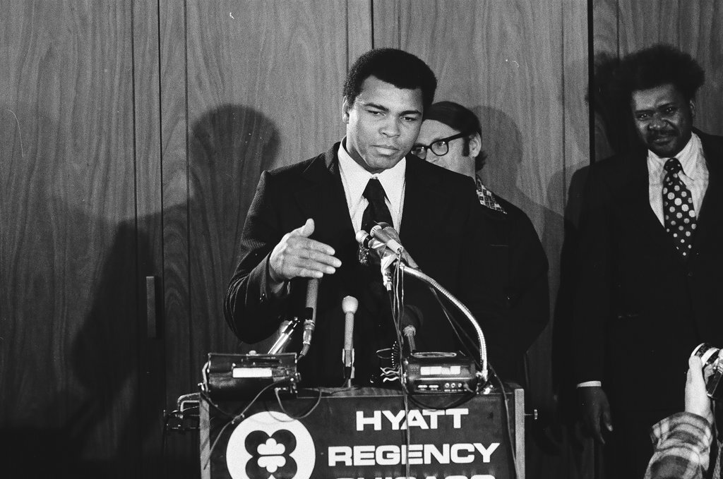 Muhammad Ali speaking about Wepner fight at press conference - Randy B. Leffingwell for Chicago Sun-Times