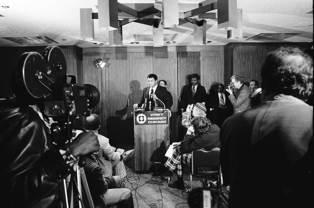 Muhammad Ali speaking about Wepner fight at press conference - Randy B. Leffingwell for Chicago Sun-Times
