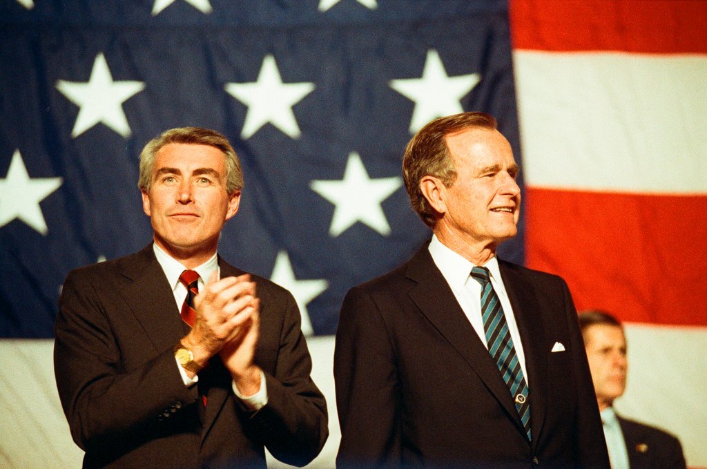 George Bush and Jim Edgar speaking at a campaign rally - Chicago Sun-Times