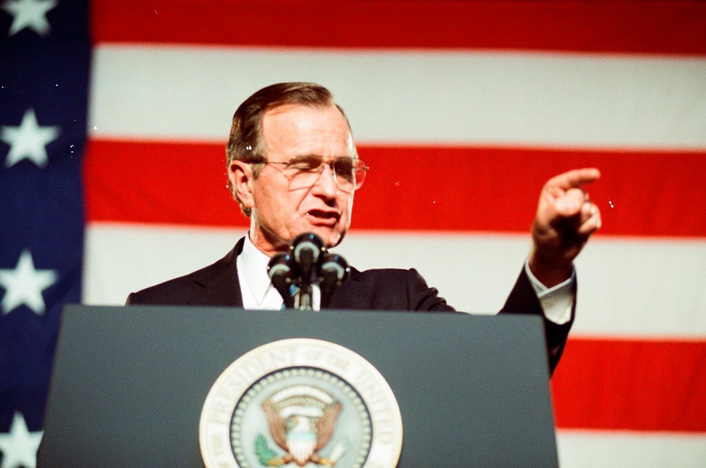 George Bush and Jim Edgar speaking at a campaign rally - Chicago Sun-Times