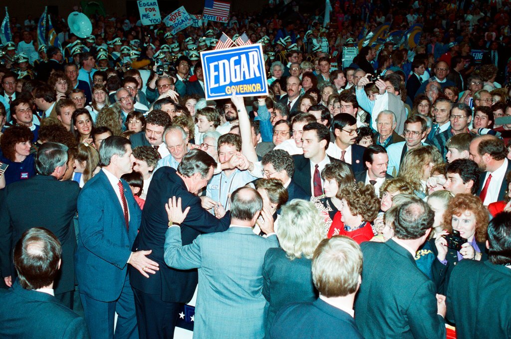 George Bush and Jim Edgar speaking at a campaign rally - Chicago Sun-Times