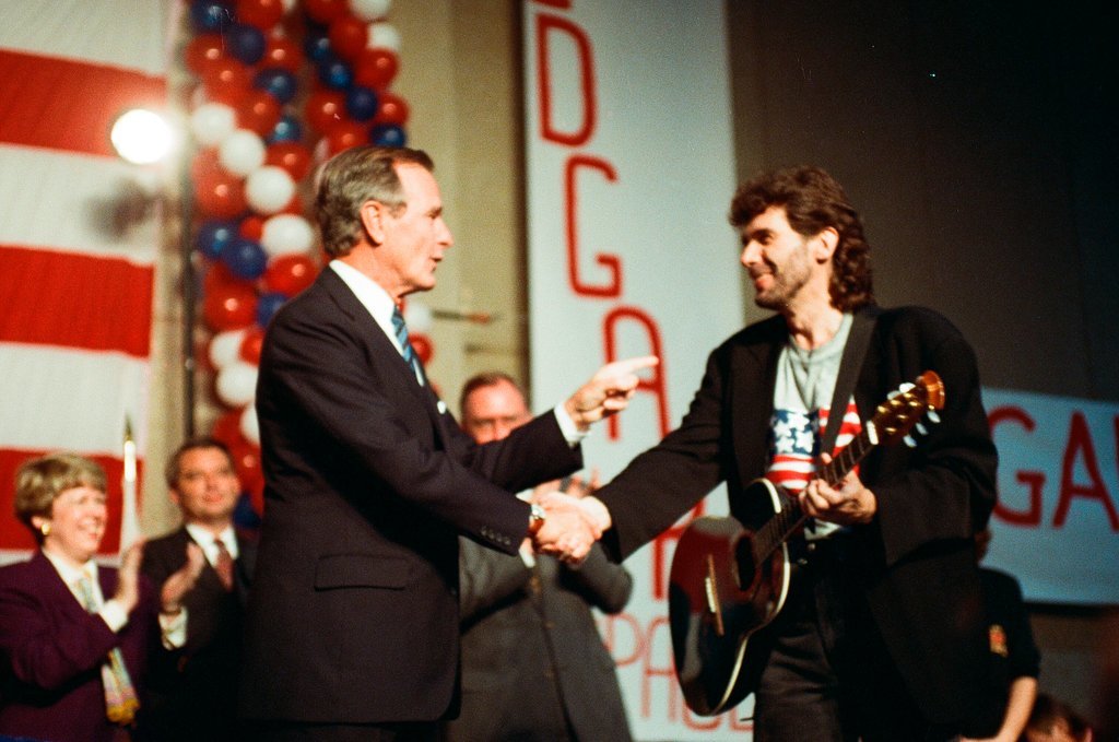 George Bush and Jim Edgar speaking at a campaign rally - Chicago Sun-Times
