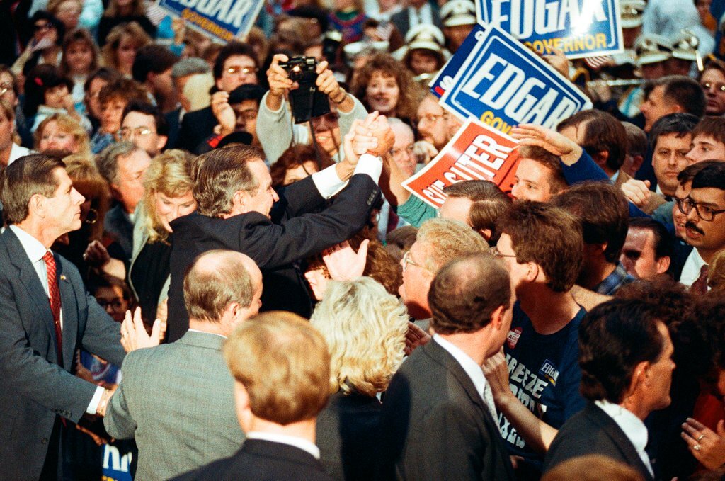 George Bush and Jim Edgar speaking at a campaign rally - Chicago Sun-Times