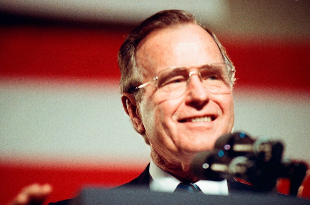 George Bush and Jim Edgar speaking at a campaign rally - Chicago Sun-Times