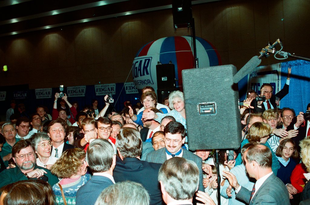 George Bush and Jim Edgar speaking at a campaign rally - Chicago Sun-Times