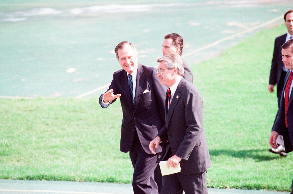 George Bush and Jim Edgar speaking at a campaign rally - Chicago Sun-Times