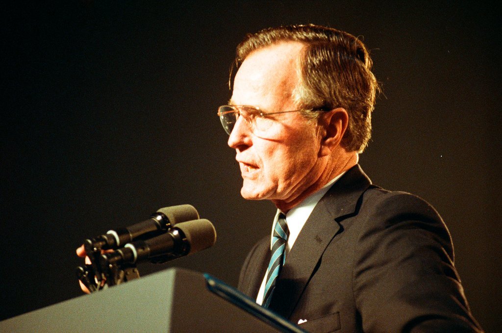 George Bush and Jim Edgar speaking at a campaign rally - Chicago Sun-Times