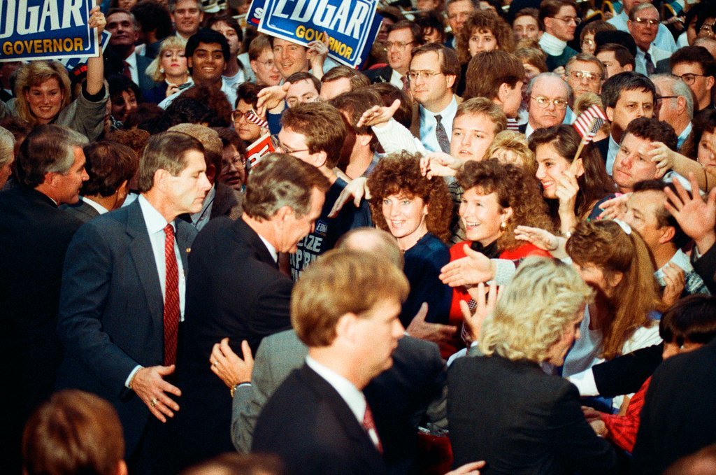 George Bush and Jim Edgar speaking at a campaign rally - Chicago Sun-Times