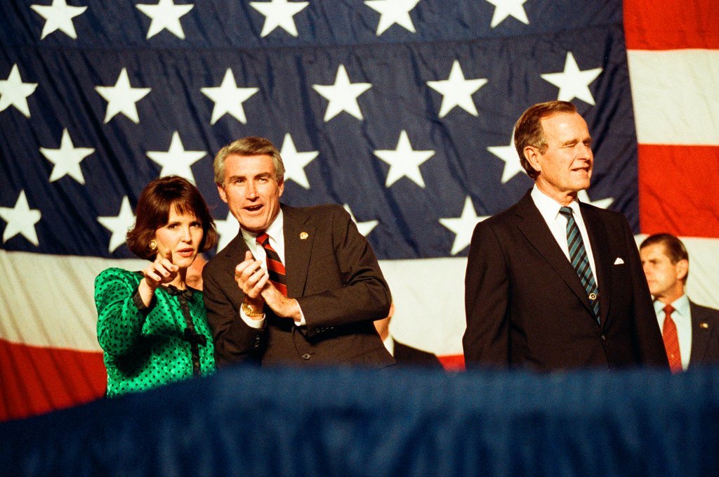 George Bush and Jim Edgar speaking at a campaign rally - Chicago Sun-Times