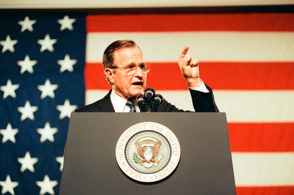 George Bush and Jim Edgar speaking at a campaign rally - Chicago Sun-Times