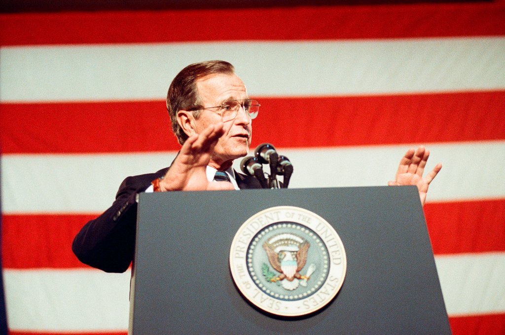 George Bush and Jim Edgar speaking at a campaign rally - Chicago Sun-Times