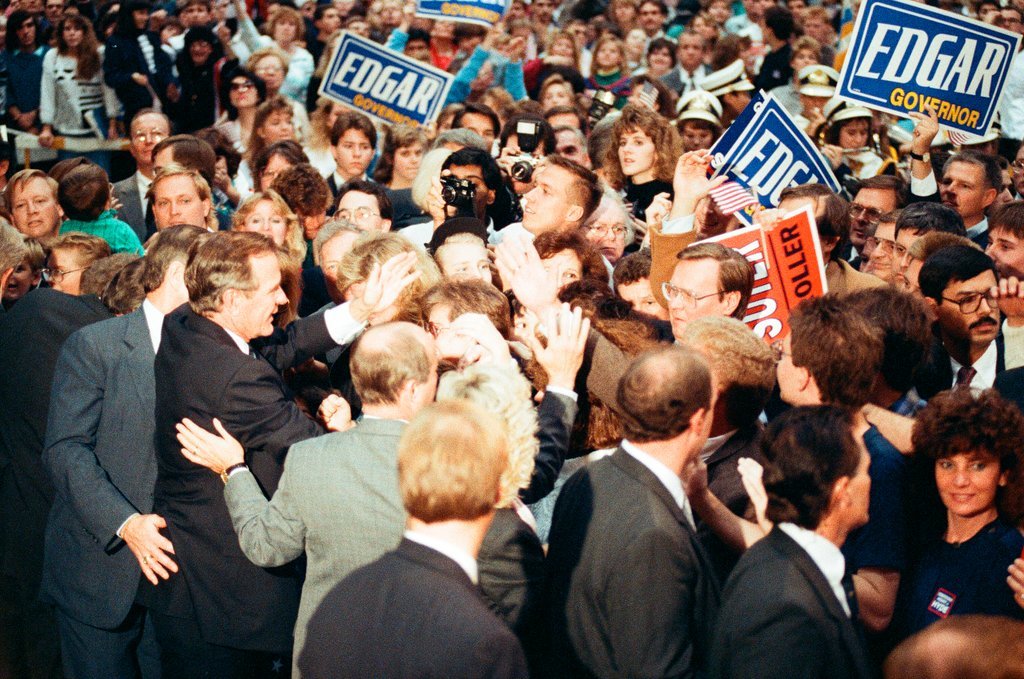 George Bush and Jim Edgar speaking at a campaign rally - Chicago Sun-Times