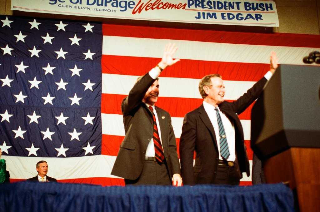 George Bush and Jim Edgar speaking at a campaign rally - Chicago Sun-Times