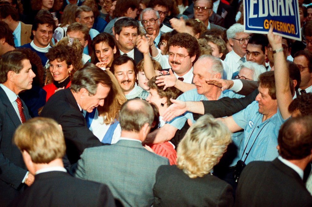 George Bush and Jim Edgar speaking at a campaign rally - Chicago Sun-Times