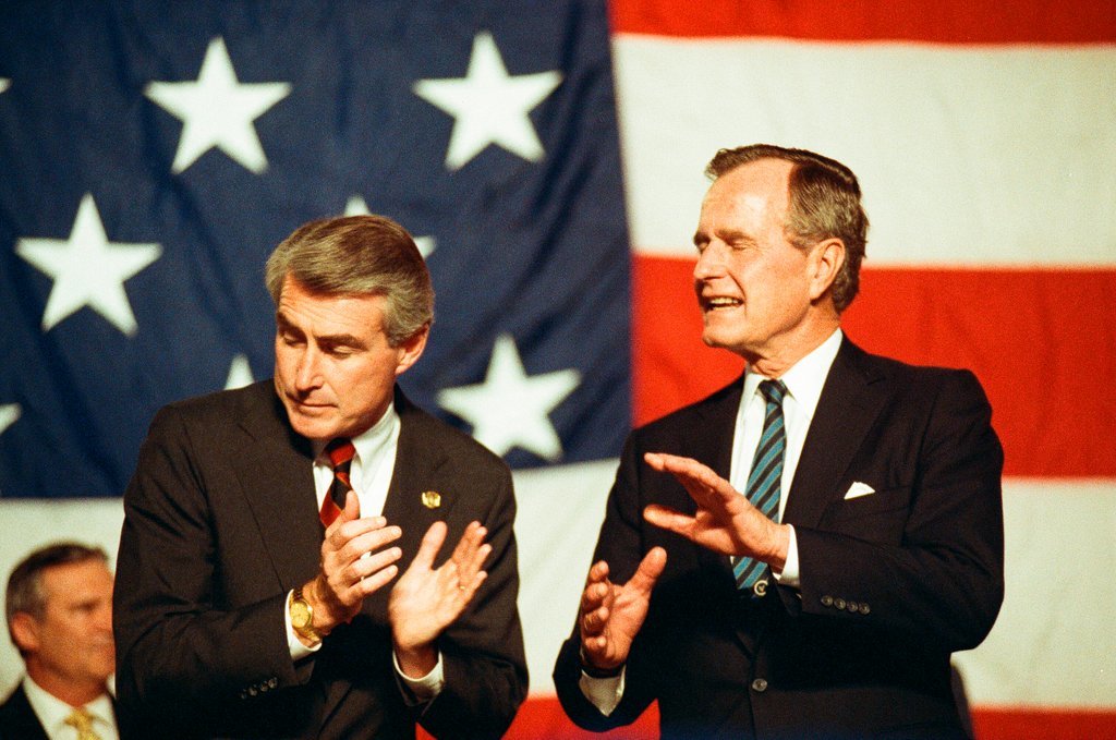 George Bush and Jim Edgar speaking at a campaign rally - Chicago Sun-Times