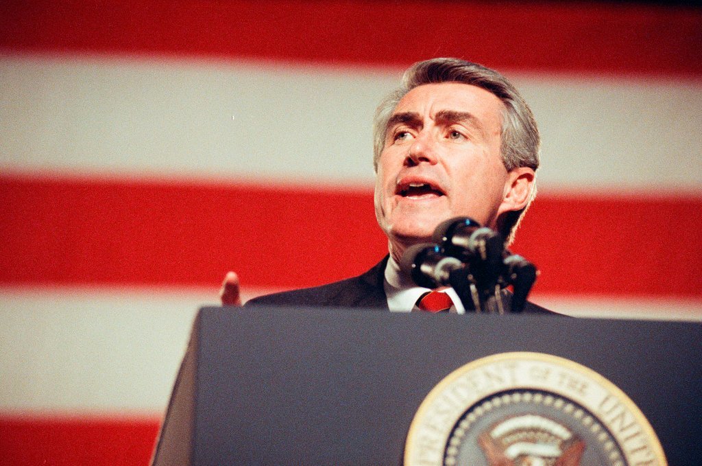 George Bush and Jim Edgar speaking at a campaign rally - Chicago Sun-Times