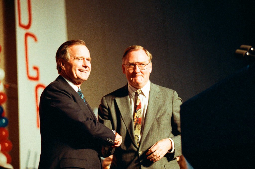 George Bush and Jim Edgar speaking at a campaign rally - Chicago Sun-Times