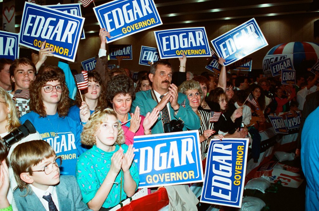 George Bush and Jim Edgar speaking at a campaign rally - Chicago Sun-Times