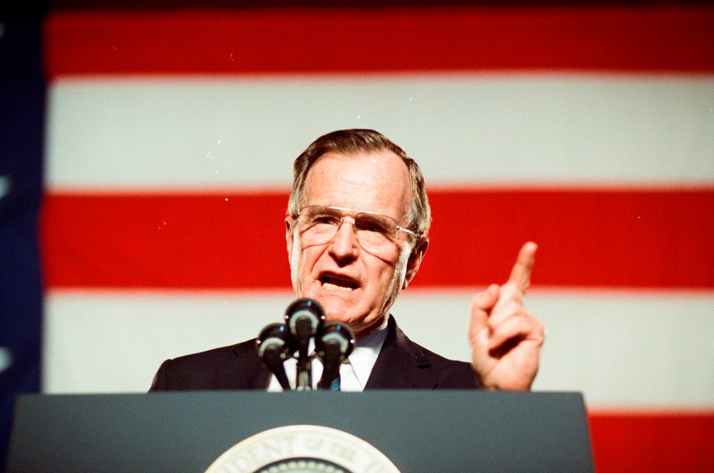 George Bush and Jim Edgar speaking at a campaign rally - Chicago Sun-Times