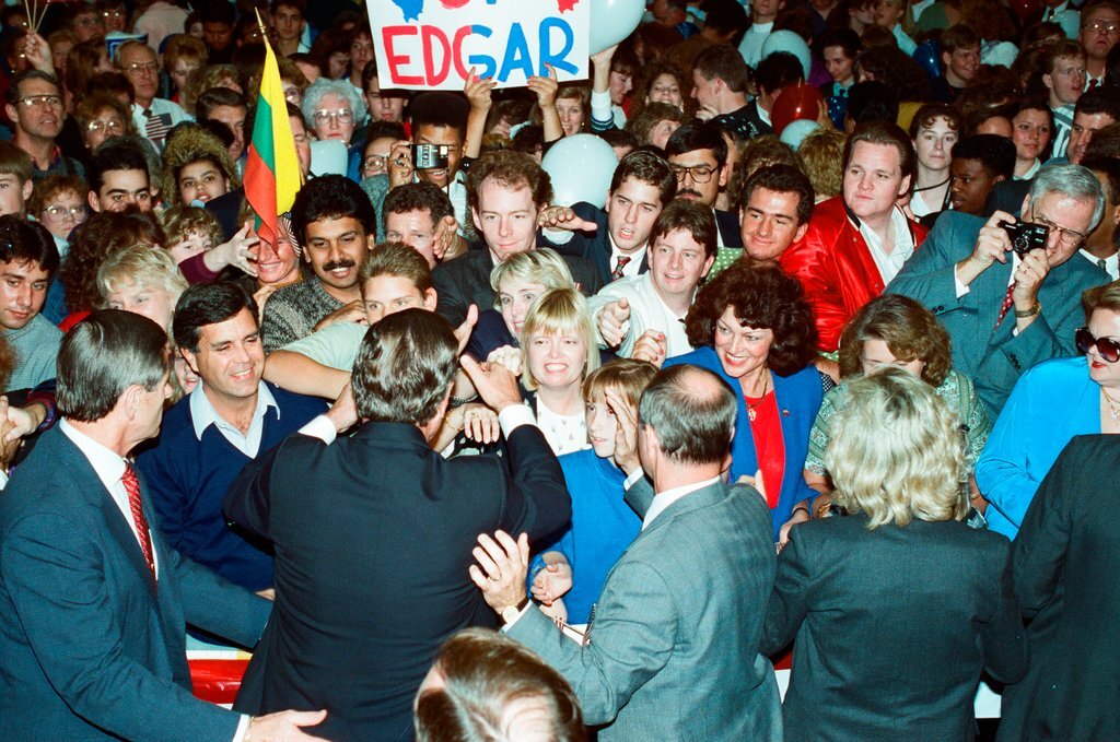 George Bush and Jim Edgar speaking at a campaign rally - Chicago Sun-Times