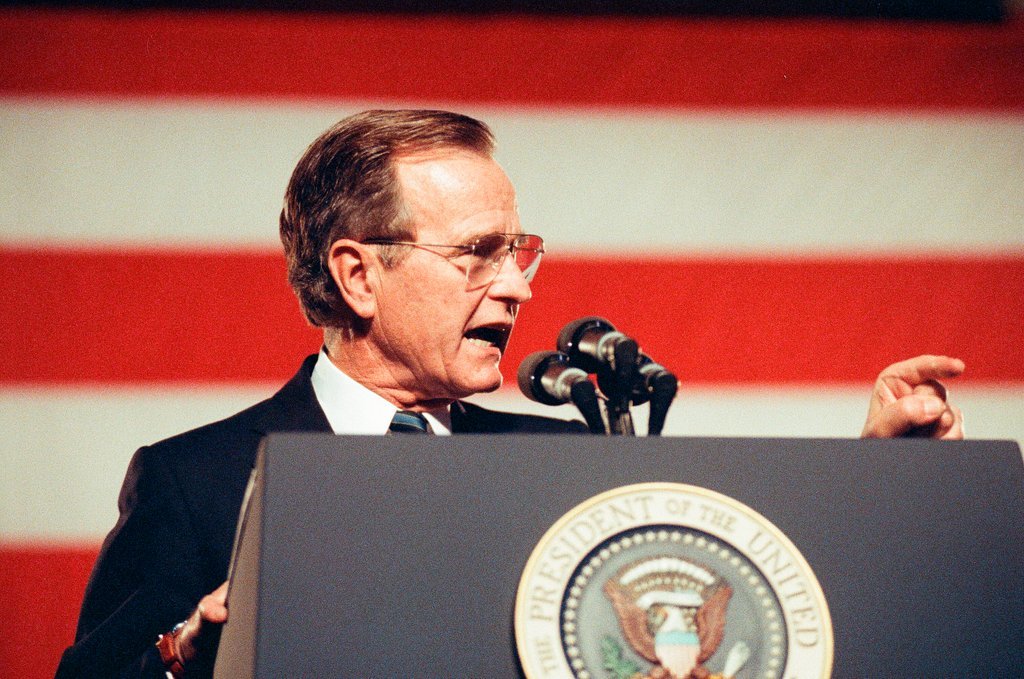 George Bush and Jim Edgar speaking at a campaign rally - Chicago Sun-Times