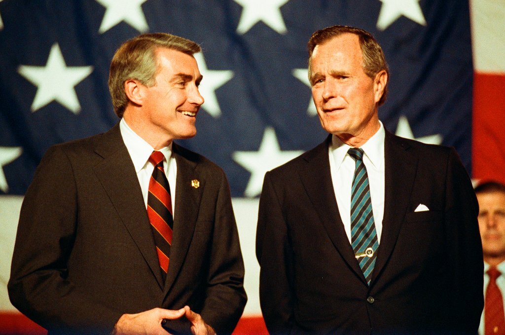 George Bush and Jim Edgar speaking at a campaign rally - Chicago Sun-Times