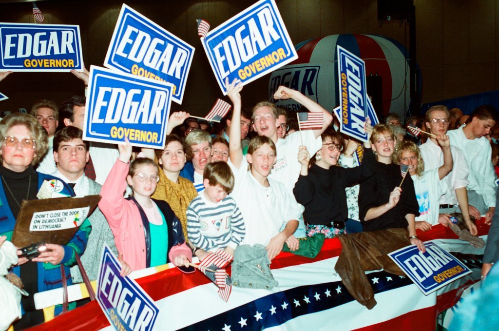 George Bush and Jim Edgar speaking at a campaign rally - Chicago Sun-Times