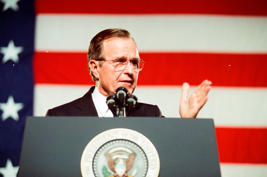 George Bush and Jim Edgar speaking at a campaign rally - Chicago Sun-Times