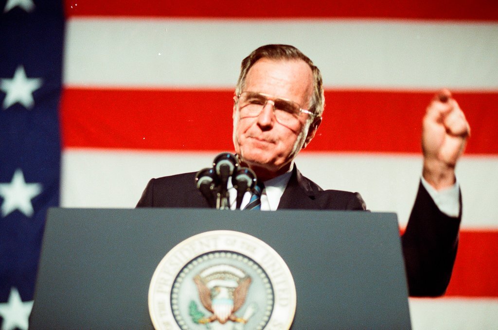 George Bush and Jim Edgar speaking at a campaign rally - Chicago Sun-Times