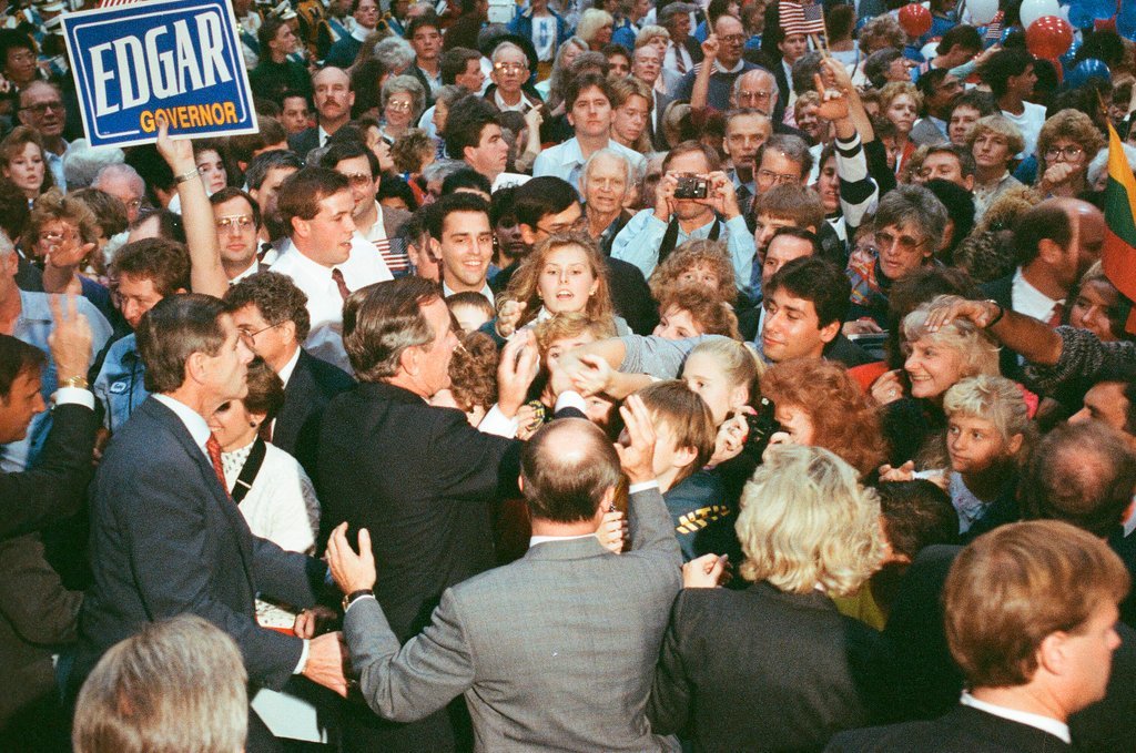 George Bush and Jim Edgar speaking at a campaign rally - Chicago Sun-Times