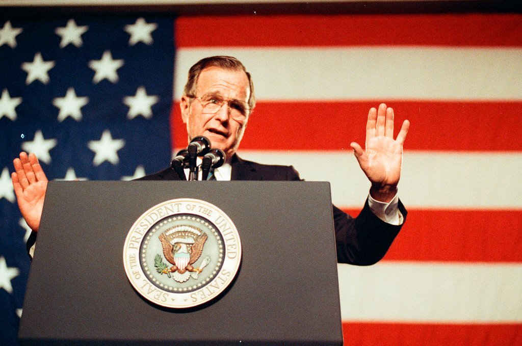George Bush and Jim Edgar speaking at a campaign rally - Chicago Sun-Times