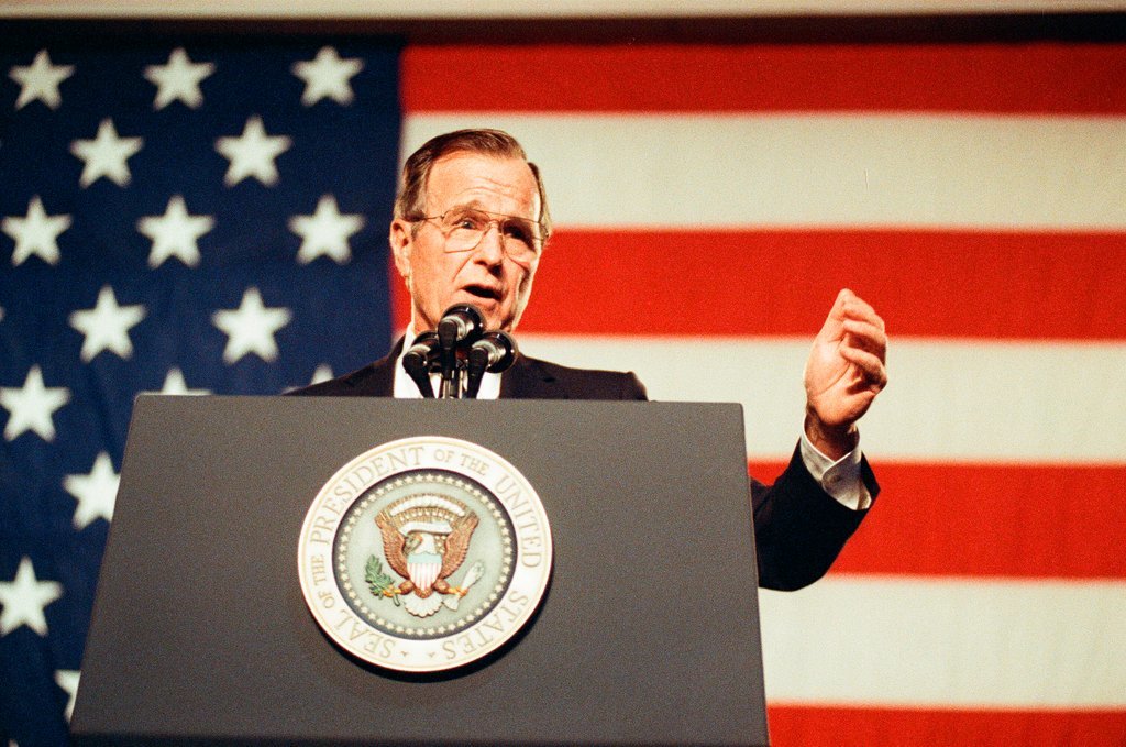 George Bush and Jim Edgar speaking at a campaign rally - Chicago Sun-Times