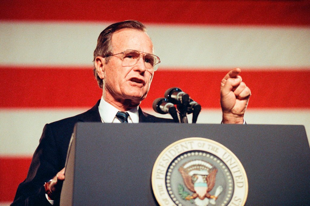 George Bush and Jim Edgar speaking at a campaign rally - Chicago Sun-Times