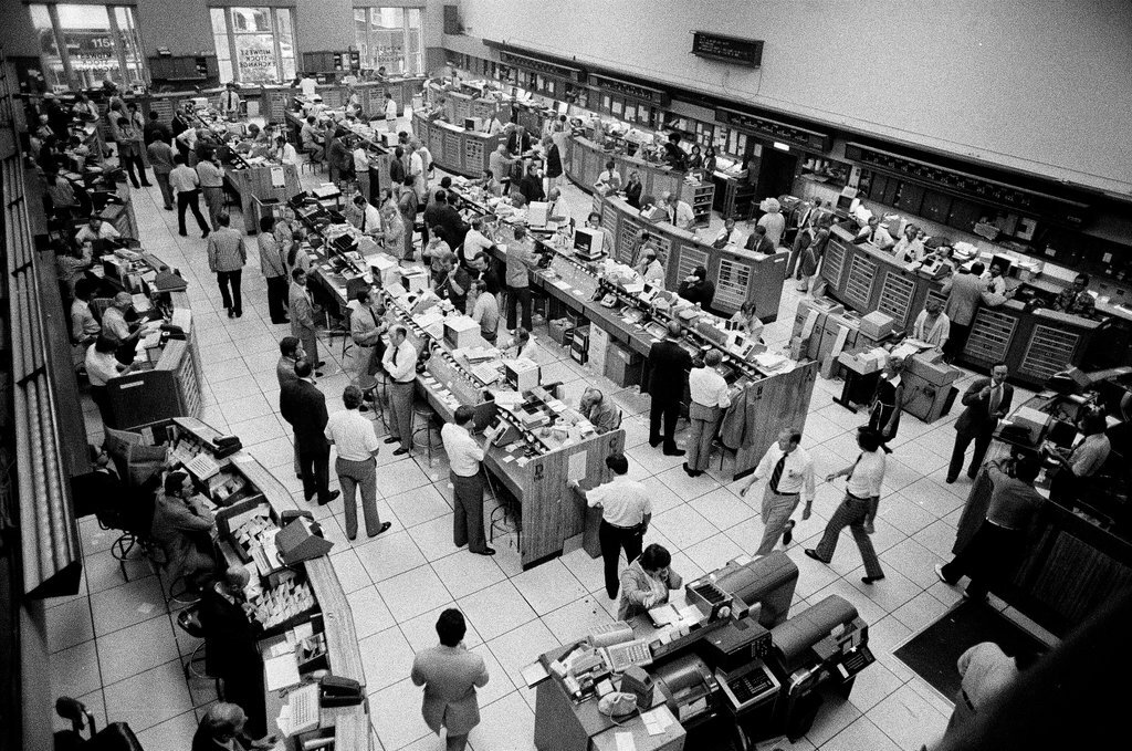 Men work on trading floor of Midwest Stock Exchange - Chicago Sun-Times