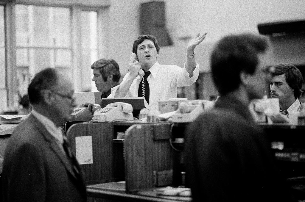 Men work on trading floor of Midwest Stock Exchange - Chicago Sun-Times