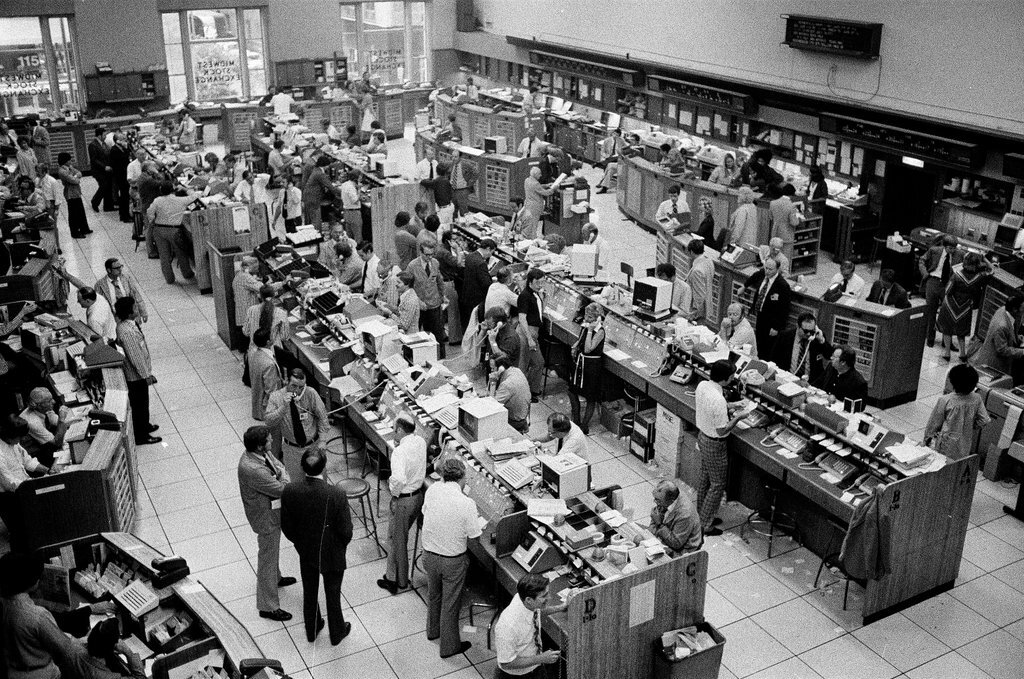 Men work on trading floor of Midwest Stock Exchange - Chicago Sun-Times