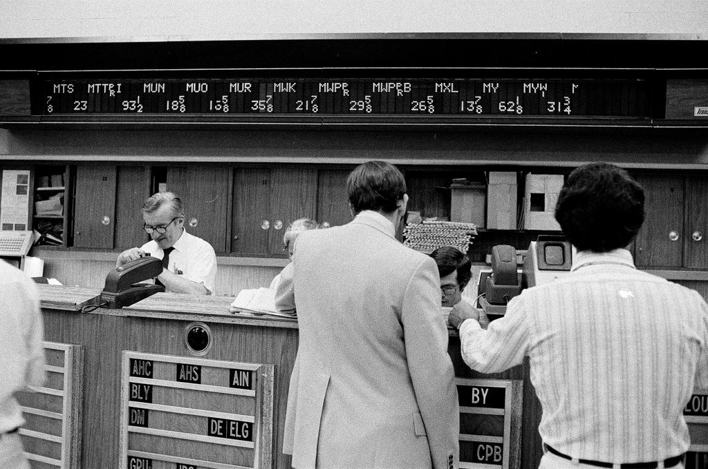 Men work on trading floor of Midwest Stock Exchange - Chicago Sun-Times
