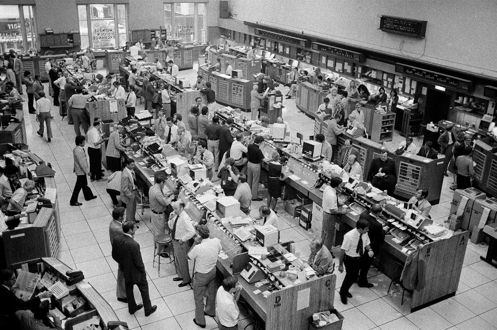 Men work on trading floor of Midwest Stock Exchange - Chicago Sun-Times
