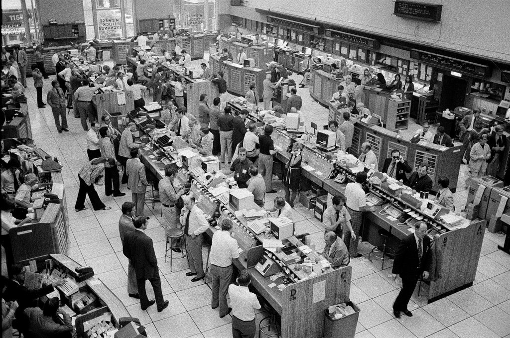 Men work on trading floor of Midwest Stock Exchange - Chicago Sun-Times
