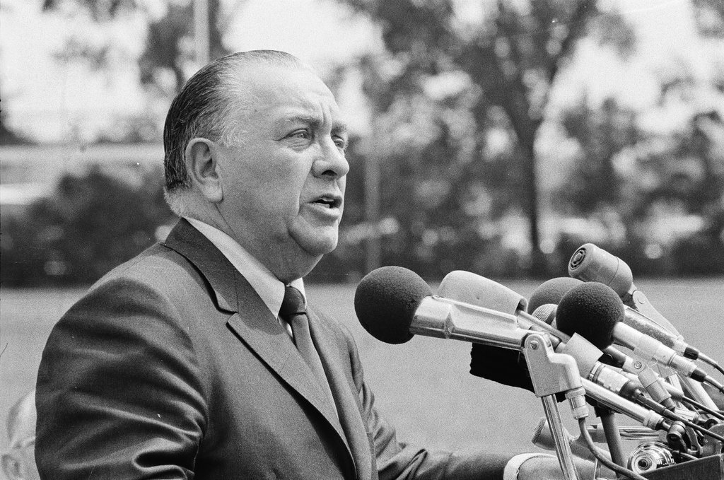 Mayor Richard J. Daley at mass meeting for telephone strike - Chicago Sun-Times