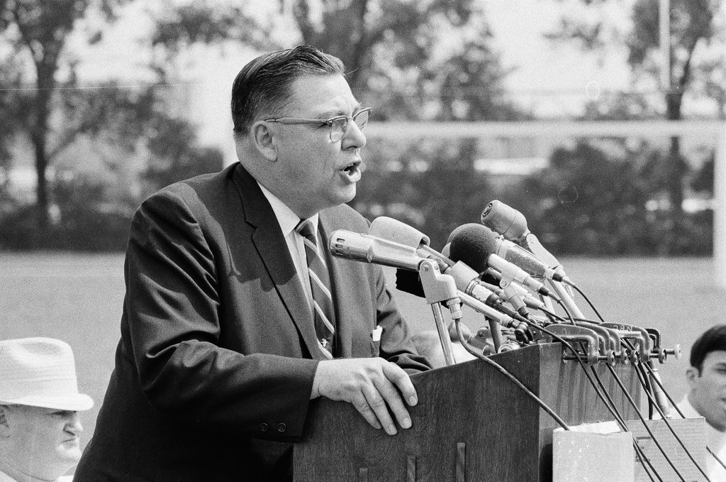 Mayor Richard J. Daley at mass meeting for telephone strike - Chicago Sun-Times