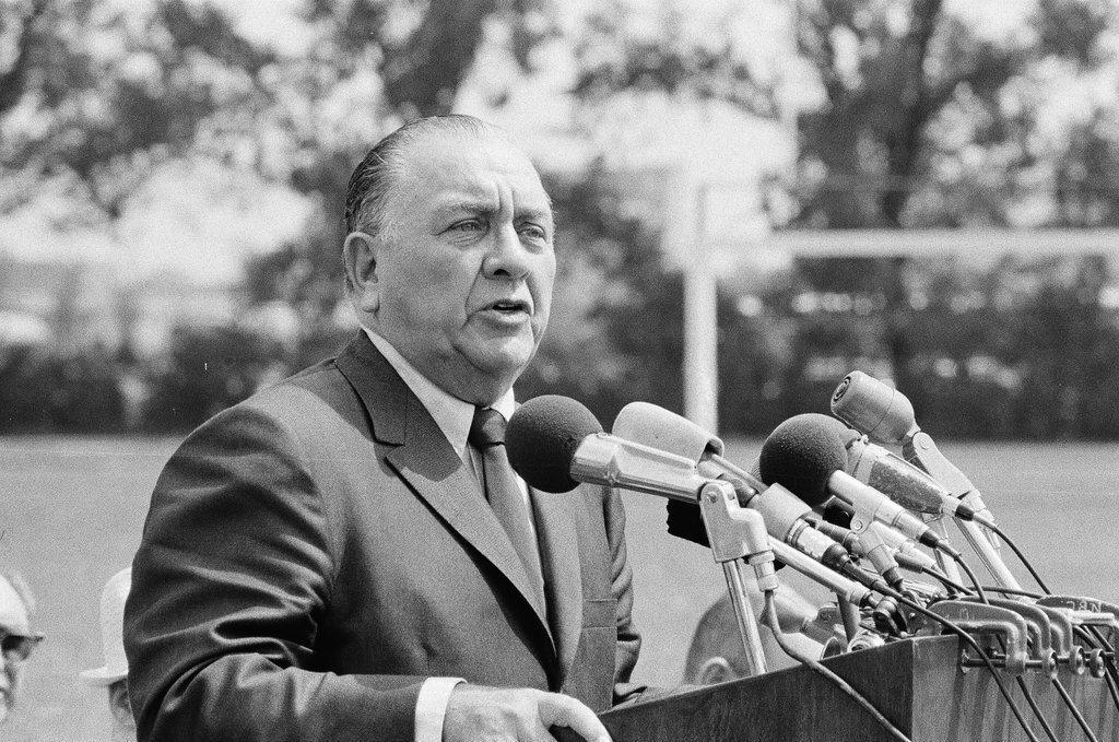 Mayor Richard J. Daley at mass meeting for telephone strike - Chicago Sun-Times