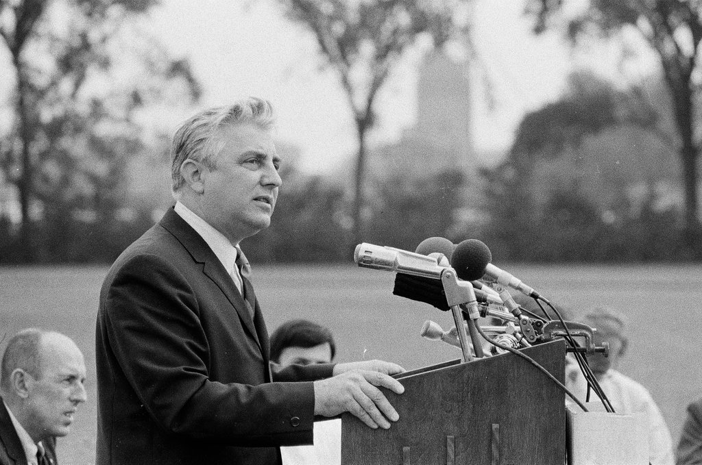 Mayor Richard J. Daley at mass meeting for telephone strike - Chicago Sun-Times