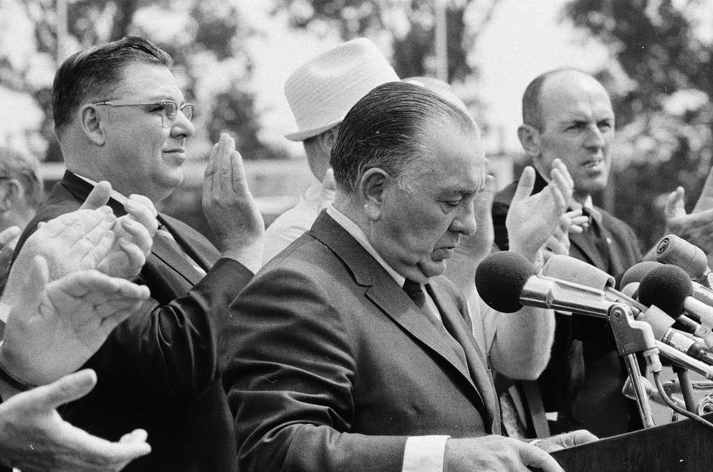 Mayor Richard J. Daley at mass meeting for telephone strike - Chicago Sun-Times