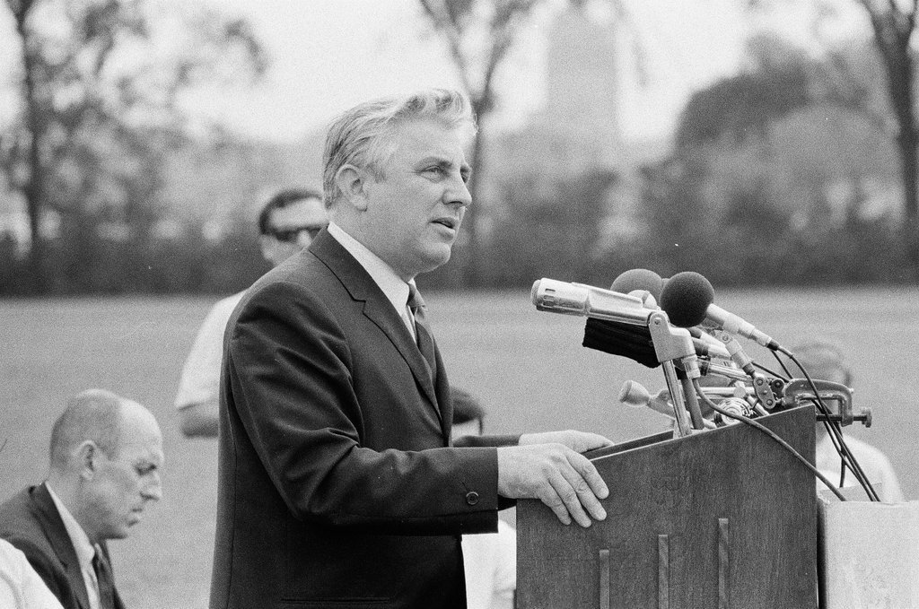 Mayor Richard J. Daley at mass meeting for telephone strike - Chicago Sun-Times